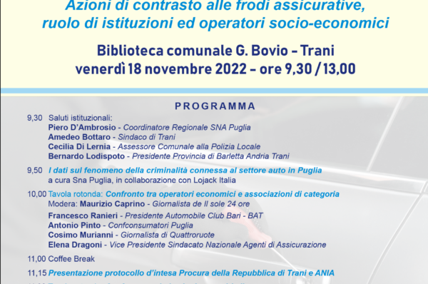 Puglia e furti d’auto, a Trani un convegno su criminalità e azioni di contrasto alle frodi assicurative